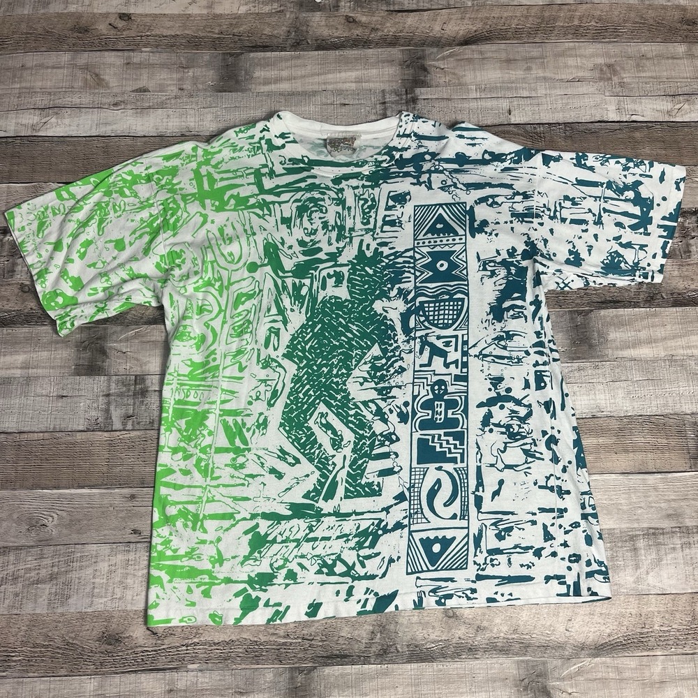 Surf Mania Shirt Size Large White Vintage Aop Surf Tee Tribal Print Surfing